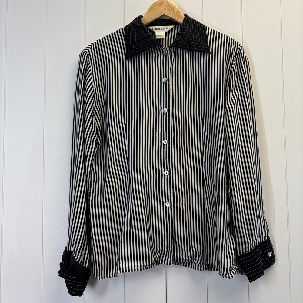 Paolo Santini Women Quiet Luxury Striped Silk Button Up Top Size L Minimalist